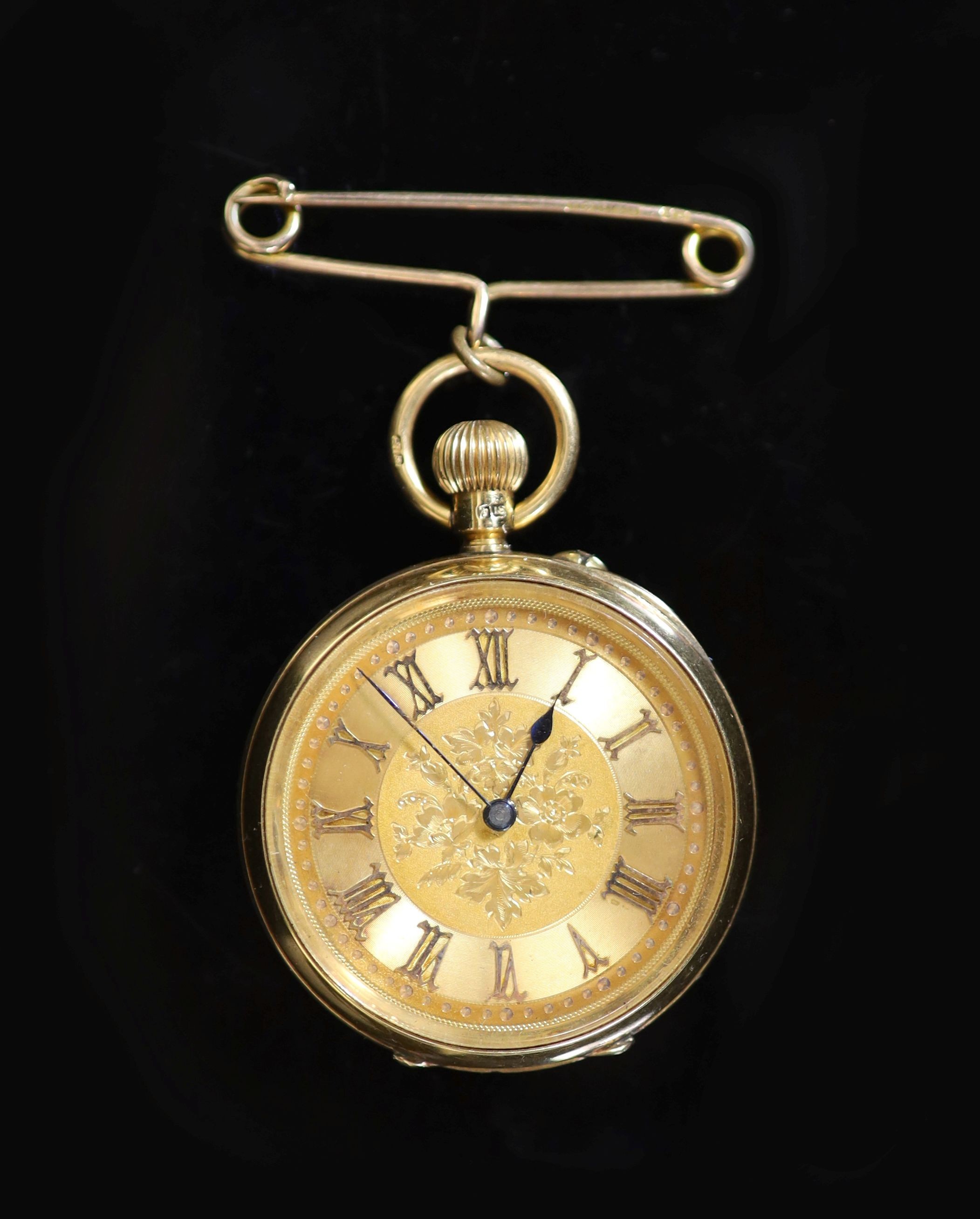 A late Victorian 18ct gold open face keyless fob watch